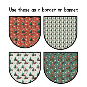 May include: Four Christmas-themed banner designs with black borders. Each banner features a unique pattern: red with trees and gifts, white with ornaments, light green with Santa and trees, and teal with mugs and scarves. Text at the top reads "Use these as a border or banner."