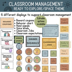 Op de afbeelding: Klassikaal management displayset met een ruimtethema. Inclusief beloningsbonnen, gedragskaarten, handsignalen, stemniveaus, klasjobs en klasverwachtingen. Bewerkbare opties zijn beschikbaar.