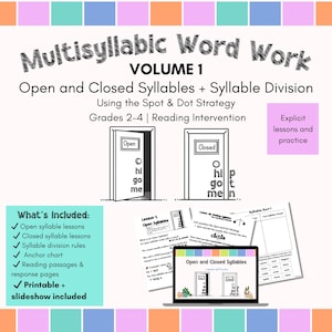 Trabajo con palabras multisilábicas / Sílabas abiertas y cerradas / División de sílabas / Intervención de lectura de 2.º a 4.º grado