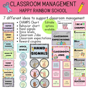 Classroom Management Printable Bundle | Voice Level Chart, CHAMPS Posters, Hand Signals, Classroom Jobs & Behavior Chart | Editable Resource