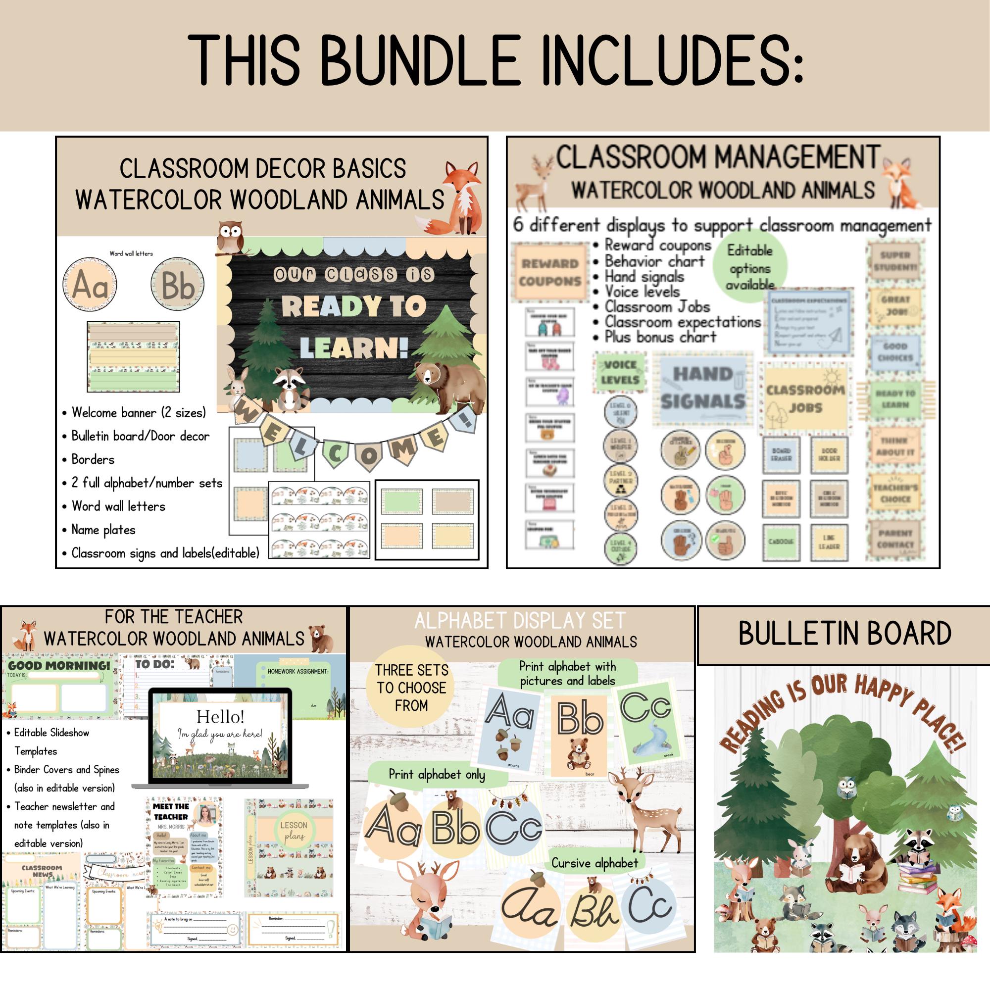 Woodland Classroom Decor Bundle: Watercolor Animals Theme (editable ...