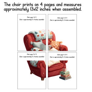 May include: Four-page print of a red armchair with pillows and a blanket. The chair measures approximately 13x12 inches when assembled. Each page shows a different view of the chair, with text indicating the page number and assembled size.