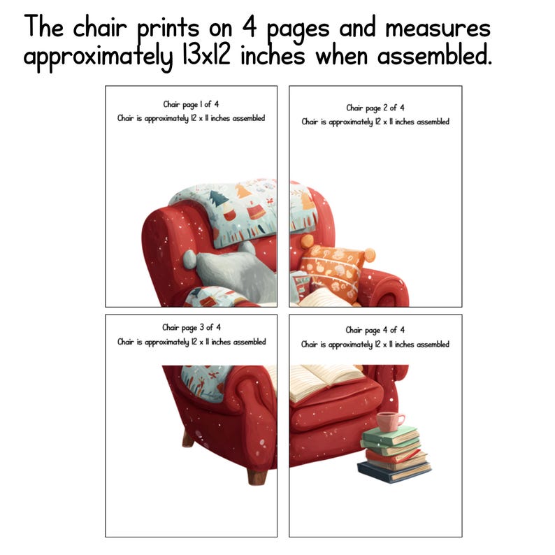 May include: Four-page print of a red armchair with pillows and a blanket. The chair measures approximately 13x12 inches when assembled. Each page shows a different view of the chair, with text indicating the page number and assembled size.