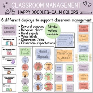 May include: Classroom management display set with calm colors and happy doodles. Includes reward coupons, behavior charts, hand signals, voice levels, classroom jobs, and classroom expectations. Editable options are available.