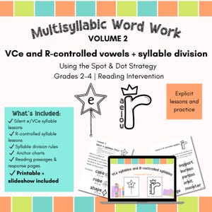 May include: Educational resource titled "Multisyllabic Word Work Volume 2" for grades 2-4. The image features a laptop displaying lesson pages on VCe and R-controlled syllables, with a star and crown graphic. Includes printable lessons, syllable division rules, and anchor charts.