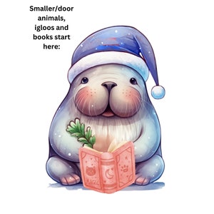 May include: A cartoon walrus wearing a blue Santa hat holds a pink book with the word "MAGIC" on the cover. The walrus is sitting on a white background.
