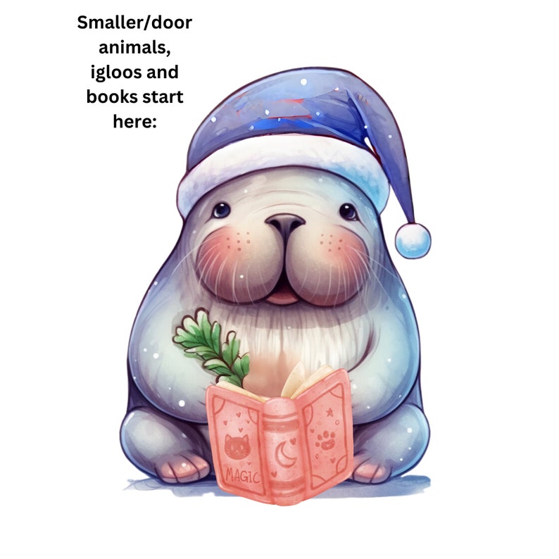 May include: A cartoon walrus wearing a blue Santa hat holds a pink book with the word "MAGIC" on the cover. The walrus is sitting on a white background.