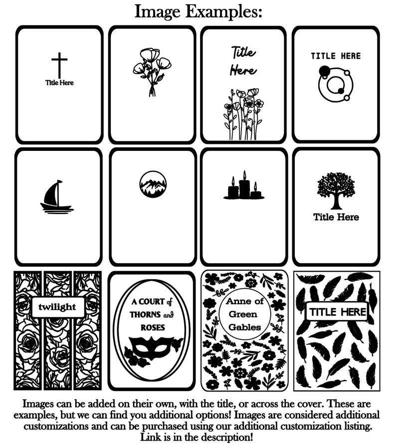 K&ouml;nnte beinhalten: Eine Sammlung von Schwarz-Wei&szlig;-Bildbeispielen, jeweils in einem rechteckigen Rahmen. Designs umfassen ein Kreuz, Blumen, ein Segelboot, Berge, Kerzen, einen Baum und Buchcover mit Text wie "twilight" und "Anne of Green Gables".