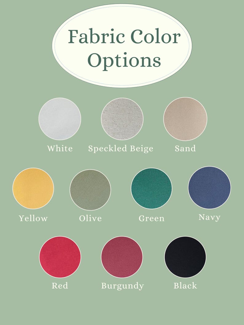 K&ouml;nnte beinhalten: Ein Bild mit Stofffarboptionen. Der Hintergrund ist hellgr&uuml;n, mit einem wei&szlig;en Oval mit dem Text "Fabric Color Options". Darunter sind neun Farbfelder: Wei&szlig;, gesprenkeltes Beige, Sand, Gelb, Olive, Gr&uuml;n, Marine, Rot, Burgunderrot und Schwarz.