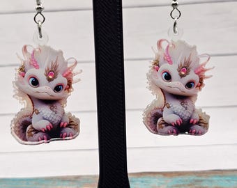 Cute White and Pink Smiling Dragon Acrylic Dangle Earrings