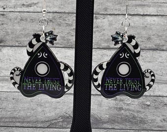 Spooky "Never Trust the Living" Beetle Guy Acrylic Dangle Earrings