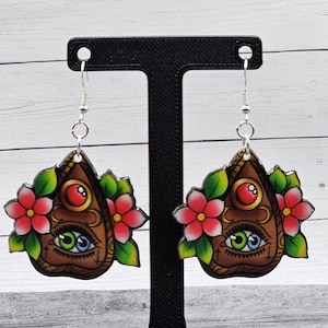 Colorful Ouija Spirit Board Planchette Acrylic Dangle Earrings with Flowers and Eyes