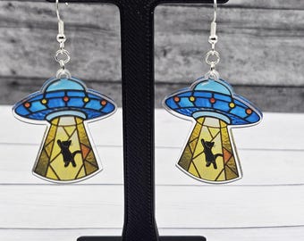 Alien Cat Abduction Dangle Earrings