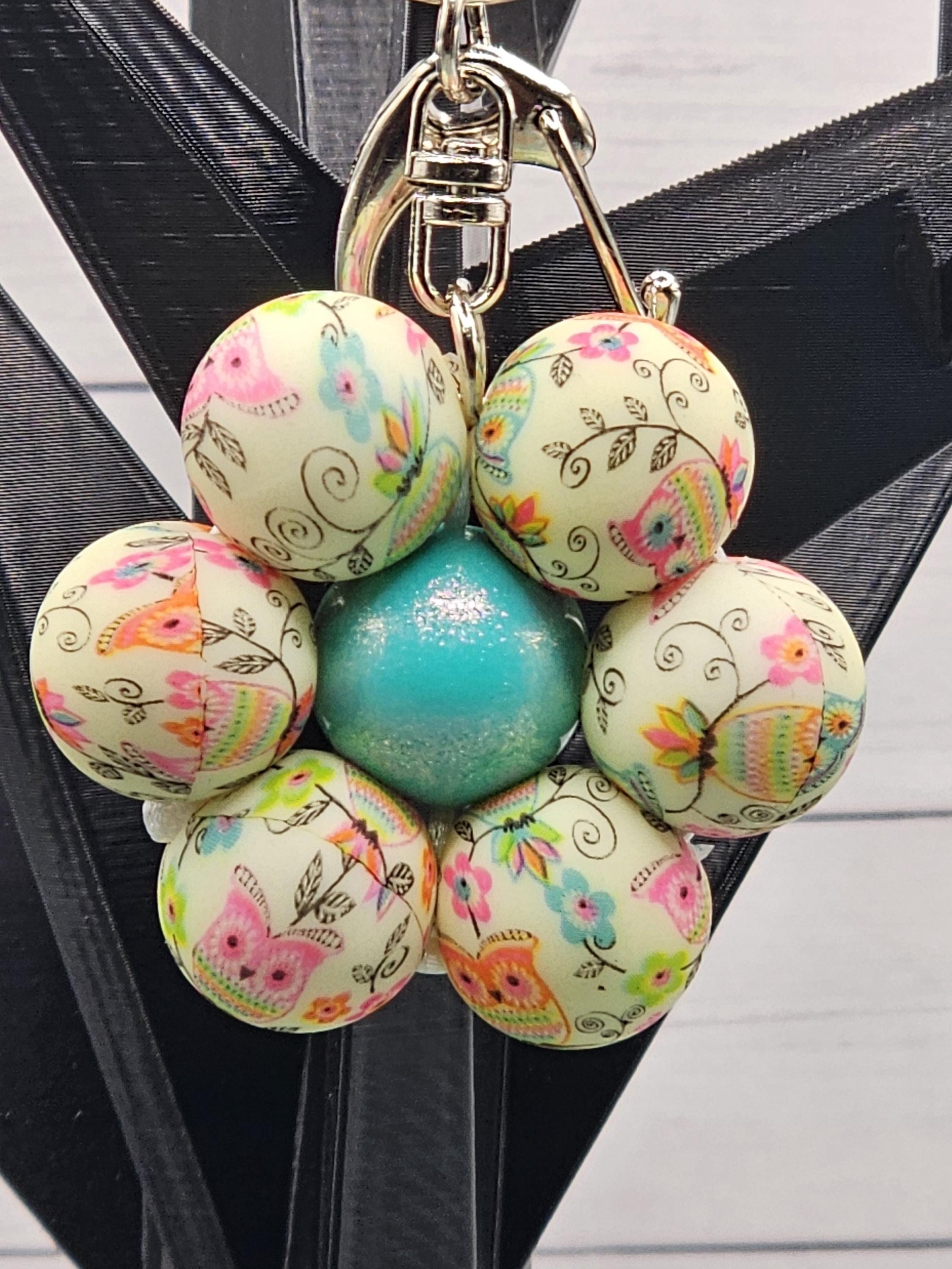 Flowers and Owls Print Silicone Beaded Flower/Keychain
