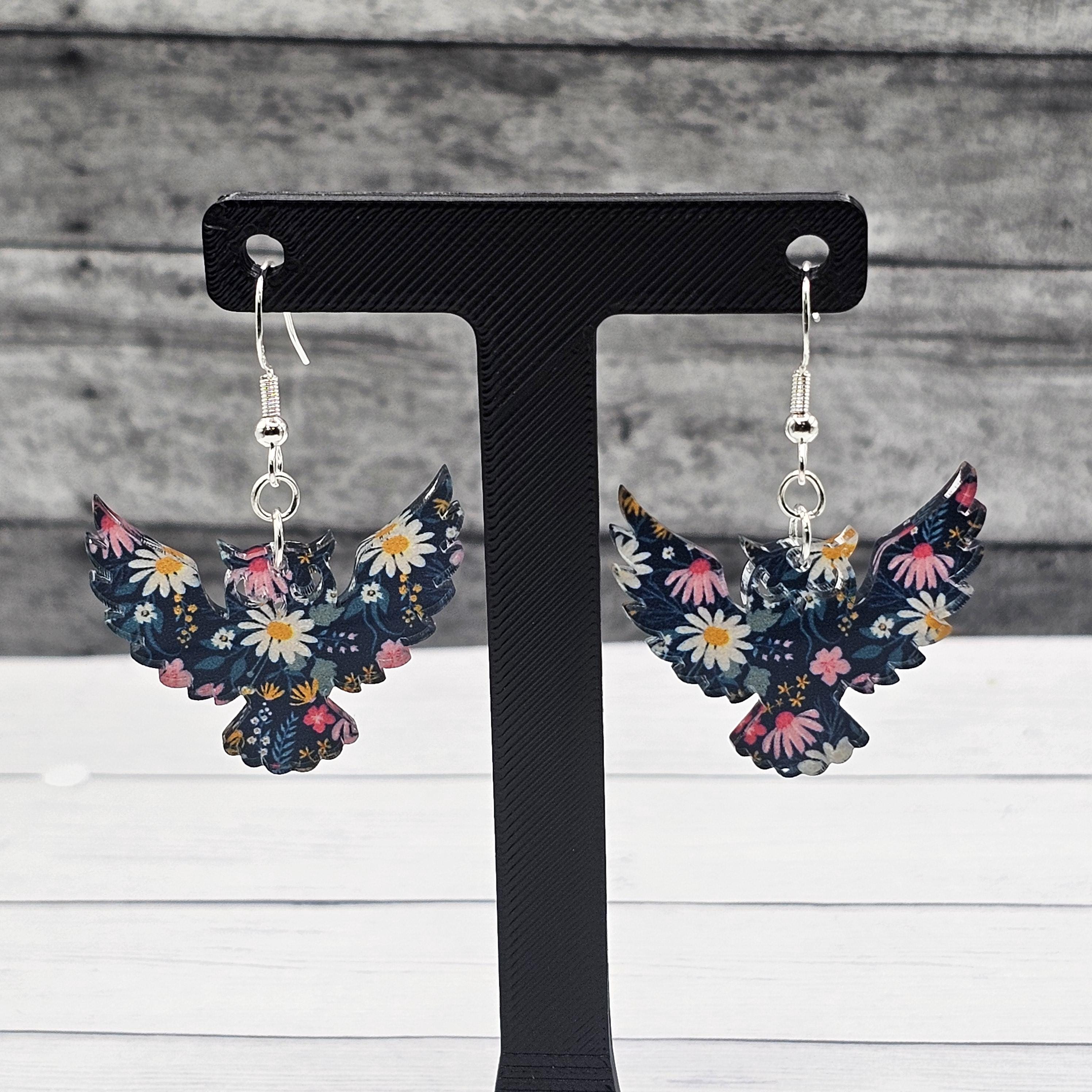 Pretty Flower Owls Dangle Earrings Hypoallergenic