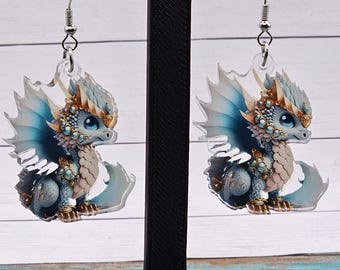 Cute Blue and White Dragon Acrylic Dangle Earrings