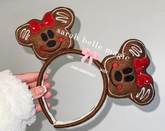 Bandeau brodé avec oreilles de souris en pain d'épice | Serre-tête de Noël avec noeuds à pois rouges