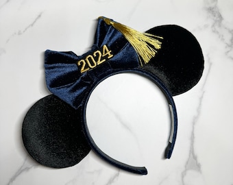 Graduation Celebration Mouse Ears with Gold Tassel | Black and Navy Blue Grad Ears Headband | Pretty Graduate Ears | Classy Ears | 2024 Ears