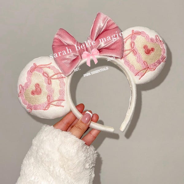 Coquette Birthday Cake Inspired Ivory Cream Mouse Ears | Pink Velvet Bow Headband