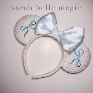 Dreamy Girly Coquette Cardigan Mouse Ears with Embroidered Pastel Blue Bows and Silky Satin Middle Bow | Sky Blue Classy Ears | Pretty Ribbo