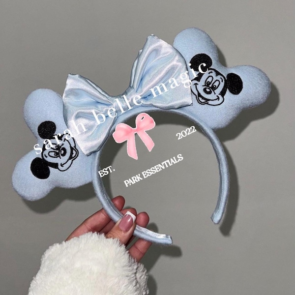 Pastel Blue Plush Mouse Ears Headband | Embroidered Mouse Balloons with Satin Bow