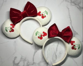 Embroidered Cherry Mouse Ears with Red Bows | Coquette Inspired Ears Headband | Pretty Cherry Ears | Classy Ears | Ribbon Bow Ears