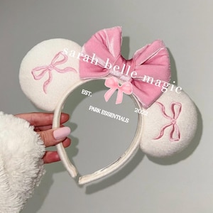Coquette Inspired Soft Ivory Cream Mouse Ears Headband Only | Pink Velvet Bow, Cottage Core
