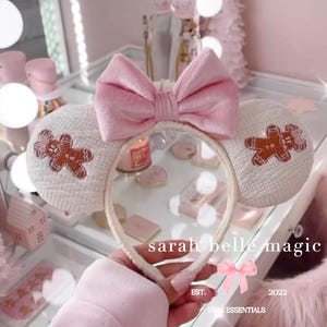 Embroidered Light Pink Cozy Inspired Min Mouse Gingerbread Mouse Ears Headband Only | Christmas Pink Ears | Sarahbellemagic