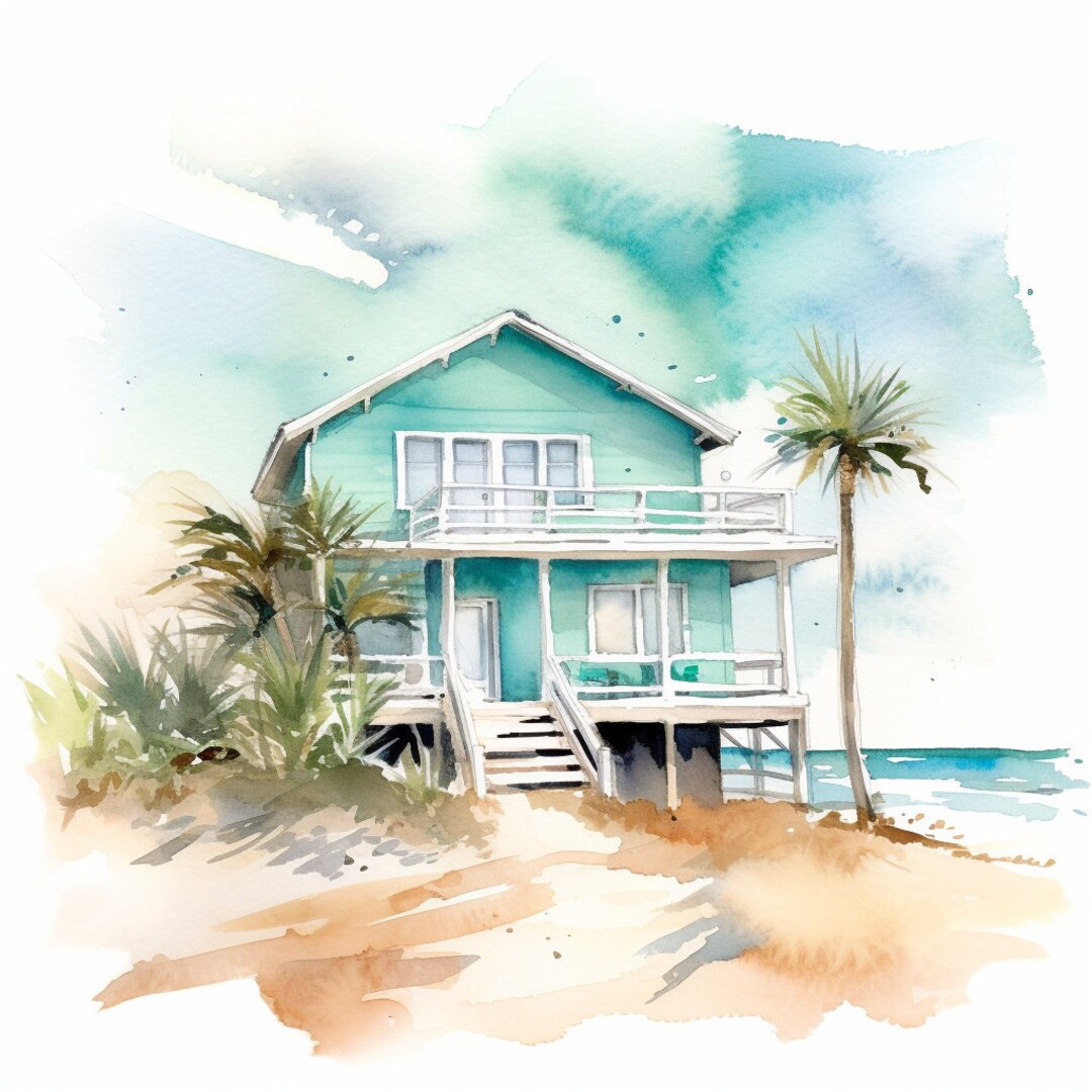 Watercolor Beach House Print for Home Beach Painting Art Gift for Homes