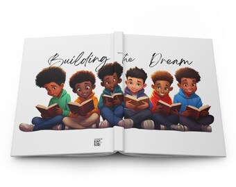 May include: An open book with the title "Building the Dream" on the cover. Six young boys are sitting on the floor reading books. The boys are all wearing different colored shirts and pants.