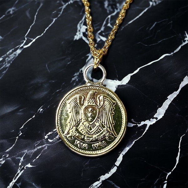 Rare Authentic 1972 Syrian Qirsha Coin Pendant with 18K Gold Plated Loop/Cable Chain Necklace