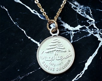 1972 Lebanese Qirsha Coin Necklace - 18K Gold Plated, Authentic Rare Pendant, Vintage Collectible