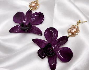 Preserved Real Orchid Earrings, Handmade Botanical Jewelry, Elegant Floral Statement Earrings