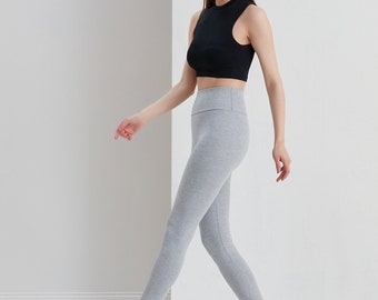 Black High Waist Knitted Gatherer Leggings, Steel Interlock