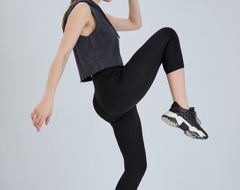 Leggings capri clásicos negros, leggings capri cómodos diarios de poliéster de cintura alta, estructura flexible que brinda comodidad y estilo durante todo el día