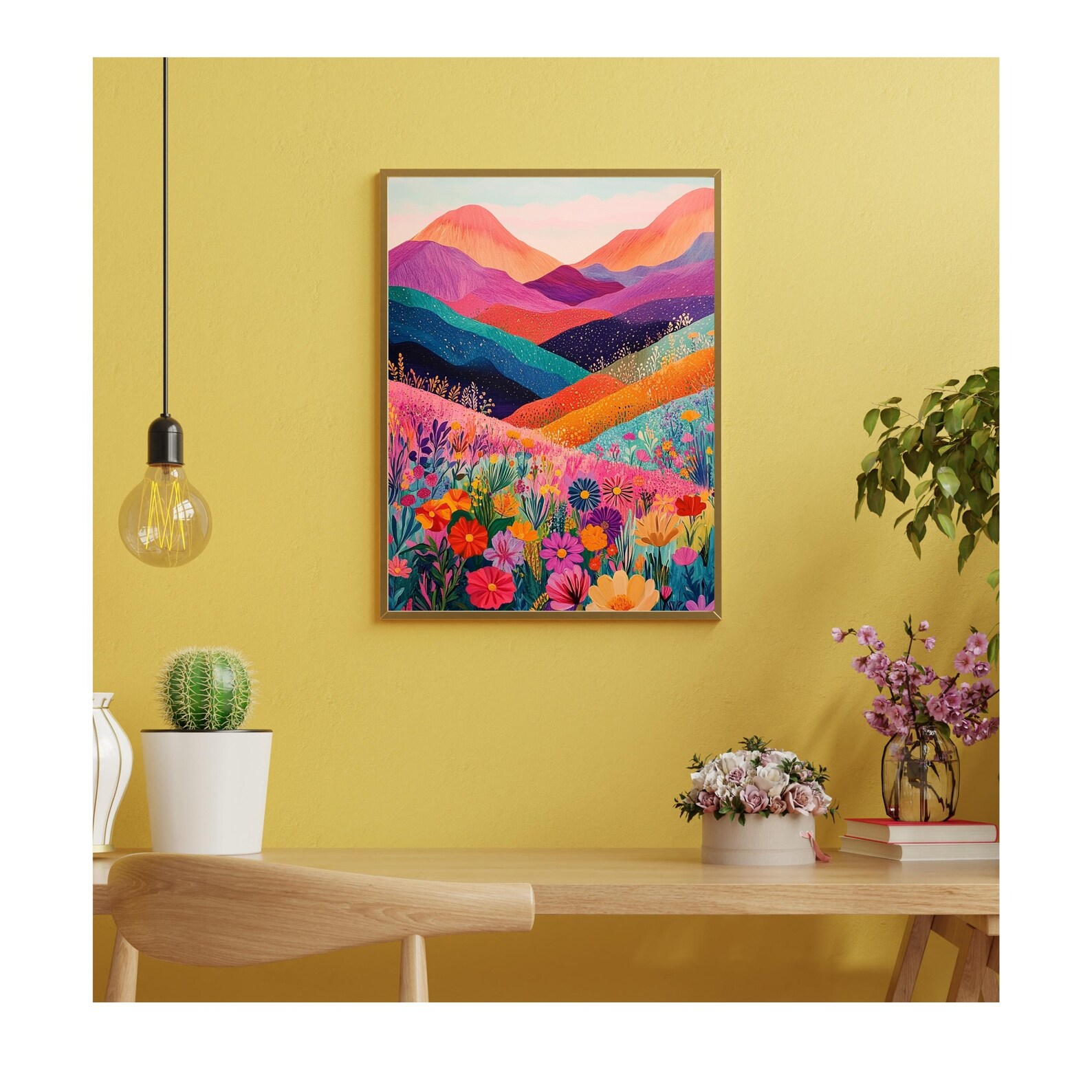 Colorful Landscape Art, Vibrant Mountain Painting, Floral Wall Art ...
