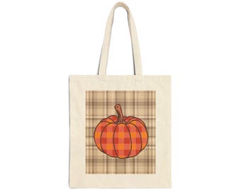 Double-Sided Fall Vibes Tote Bag with Flannel and Pumpkin Details