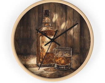 Vintage Whisky Wanduhr, altes Geld Runde Glasuhr, Retro Wohnkultur, Einzigartiges Bürogeschenk, Distressed Holzuhr