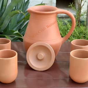 Terracotta Pitcher, Water Jug, Clay Jug for Regular Use, Farmhouse Decor, Hand-burnished Touch and feel, Water Cooler with matching Glasses