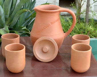 Terracotta Pitcher, Water Jug, Clay Jug for Regular Use, Farmhouse Decor, Hand-burnished Touch and feel, Water Cooler with matching Glasses