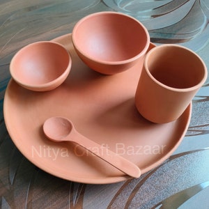 Unglazed Clay Dinner Set for all occasion(Set of 5 items- 1 Plate, 2 Bowls, 1 spoon, 1 Glass), Earthen Utensil, Terracotta Thali for Serving