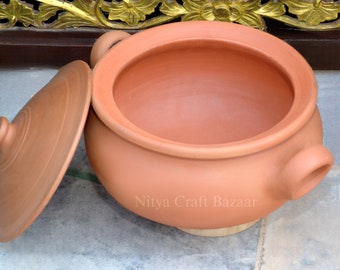 Unglazed Round Kadai for Cooking with Lid/  Indian Handi/ Clay Pot for Biryani Curry / Earthen Clay Pot/ Hyderabadi Biryani Kadai / Handmade