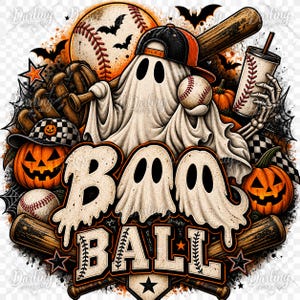 May include: A graphic illustration featuring a ghost wearing a baseball cap and holding a bat, surrounded by baseballs, jack-o'-lanterns, and bats. The text "BOO BALL" is displayed in large, stylized letters with baseball stitching details.