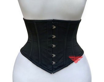 Women Handmade Black Cotton Underbust Corset Body Shaper Steel Boned