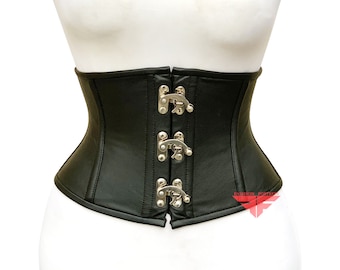 Women Handmade Black Leather Steel Boned Collapse Underbust Corset