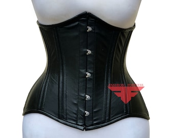 Women Handmade Black Leather Underbust Corset Body Shaper Steel Boned Waist Trainer Corset