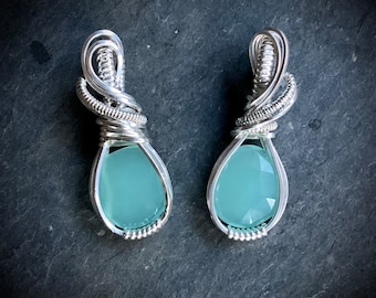 Rose Cut Caribbean Chalcedony Sterling Silver Wire Wrapped Pendant // Blue-Green Chalcedony Jewelry // RexWraps