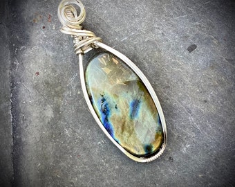 Sunset Labradorite Sterling Silver Wire Wrapped Pendant // Labradorite Jewelry // RexWraps