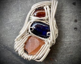 Orange & Blue Kyanite and Spesartine Garnet Sterling Silver Wire Wrapped Pendant // Kyanite Jewelry // Garnet Jewelry // RexWraps