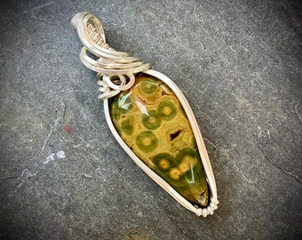 Mustard and Green Ocean Jasper Sterling Silver Wire Wrapped Pendant // Ocean Jasper Jewelry // RexWraps